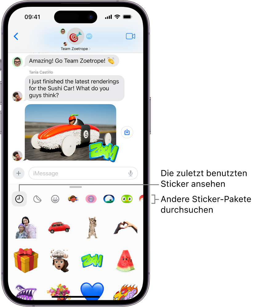 Sticker werden unter einer Konversation angezeigt. Jede Taste über der Karte öffnet ein Sticker-Paket.
