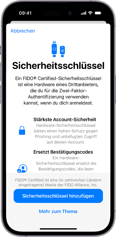 Der Willkommensbildschirm „Sicherheitsschlüssel“ Unten im Bildschirm befinden sich die Taste „Sicherheitsschlüssel hinzufügen“ und ein Link „Weitere Infos“. Darüber erscheint die Beschreibung der Vorteile, die Sicherheitsschlüssel besitzen.