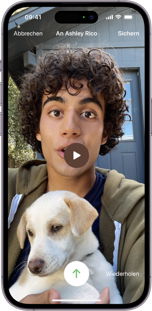 Der Bildschirm zum Senden deiner aufgenommenen Videonachricht an die Person, die deinen Anruf verpasst hat.