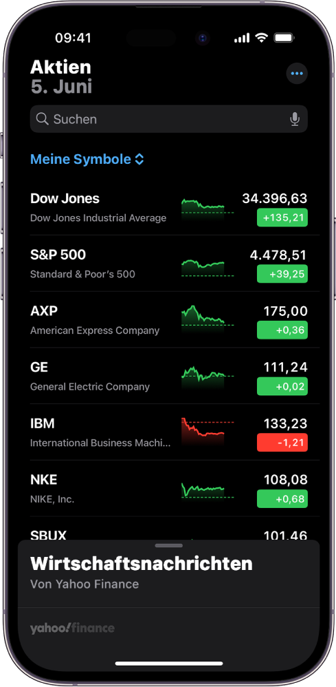 Eine Aktienliste in der App „Aktien“ mit einer Liste verschiedener Aktien. Jede Aktie in der Liste zeigt von links nach rechts das Aktiensymbol und den Namen der Aktie, ein Entwicklungsdiagramm, den Aktienkurs und Kursänderungen. Oben auf dem Bildschirm, über dem Titel der Aktienliste „Meine Symbole“, befindet sich das Suchfeld. Unten auf dem Bildschirm befindet sich der Bereich „Wirtschaftsnachrichten“. Streiche darauf nach oben, um Storys anzuzeigen.