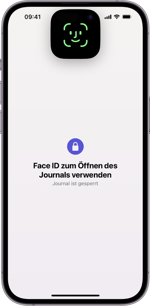 Ein Bildschirm fordert dich auf, Face ID zum Entsperren des Journals zu verwenden.