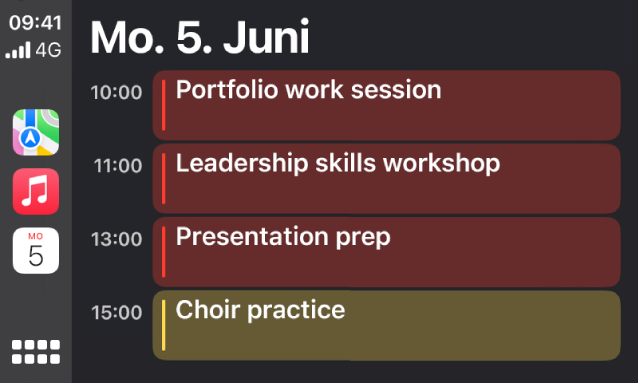 CarPlay mit den Optionen „Karten“, „Musik“ und „Kalender“ in der Seitenleiste. Auf der rechten Seite werden Ereignisse für Montag, den 5. Juni angezeigt: Portfolio-Arbeitssitzung, Workshop für Leadership Skills, Präsentationsvorbereitung und Chorprobe.