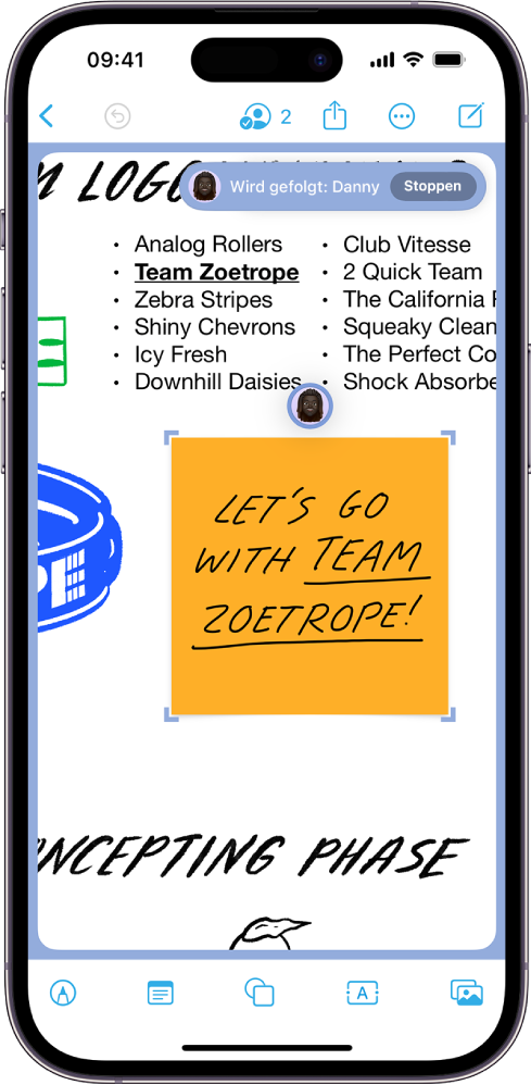 Die App „Freeform“ zeigt eine Person, der gefolgt wird, und deren Darstellung, Avatar und dem ausgewählten Objekt, die violett markiert sind.