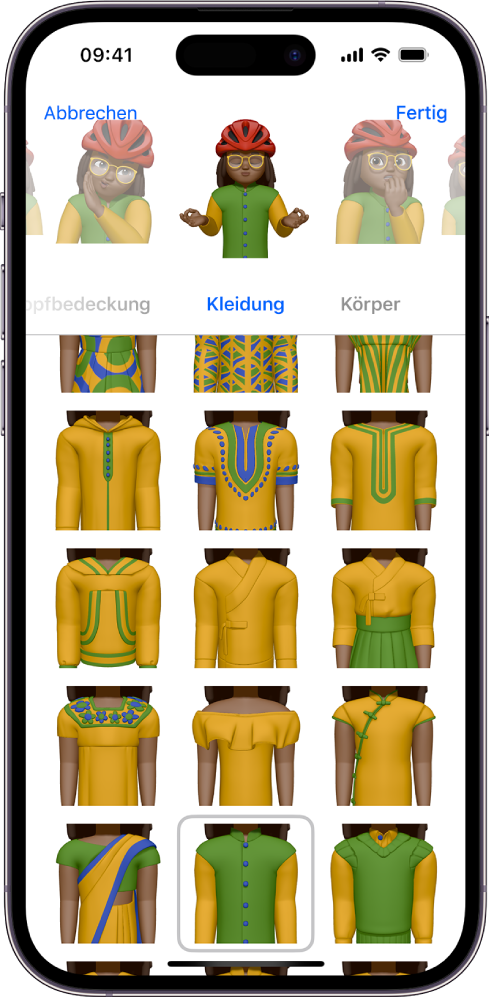 Der Memoji-Bildschirm. Im mittleren Bereich wird die Figur angezeigt, die gerade erstellt wird. Darunter befinden sich die Merkmale zum Anpassen der Figur und darunter Optionen für das ausgewählte Merkmal. Oben rechts befindet sich die Taste „Fertig“ und oben links die Taste „Abbrechen“.