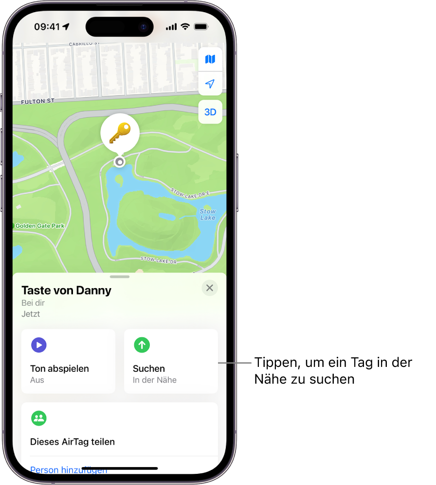 Die geöffnete App „Wo ist?“, die zeigt, dass sich die Schlüssel von Danny im Golden Gate Park befinden. Tippe auf die Taste „Suchen“, um ein AirTag in der Nähe zu finden.