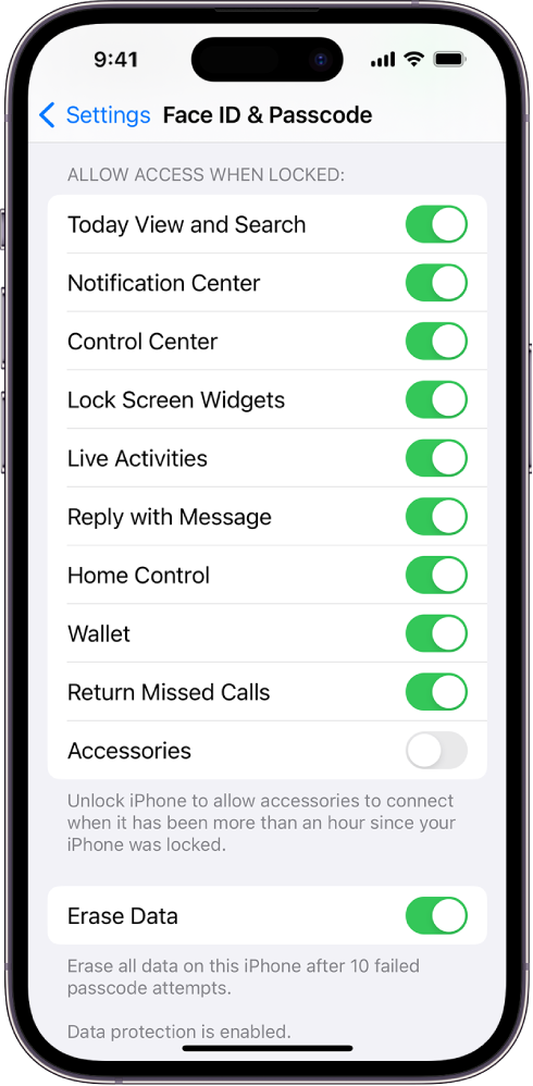 The Face ID and Passcode screen, with settings for allowing access to specific features when iPhone is locked.