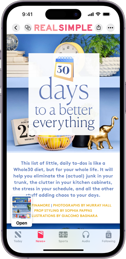 Un artículo de una revista de Apple News+ con una imagen en miniatura de la revista en la esquina inferior izquierda, y pestañas a lo largo de la parte inferior (mostrando que se seleccionó News+).