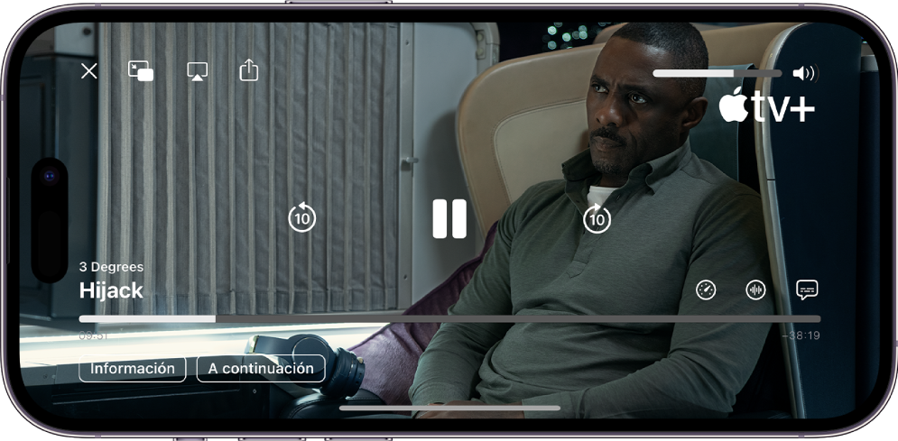 Un programa de TV reproduciéndose, con los controles de reproducción visibles. Los botones Cerrar, Imagen dentro de otra, AirPlay y Compartir están en la esquina superior izquierda. El regulador de volumen está en la parte superior derecha. En el centro están los botones Avanzar 10 Pausar y Retroceder 10 segundos. A lo largo de la parte inferior central está un regulador que puedes arrastrar para ajustar la posición del video; y a los extremos muestra el tiempo transcurrido y restante del video. En la parte inferior derecha hay botones para cambiar la velocidad de reproducción y el idioma, o agregar subtítulos. En la parte inferior izquierda hay botones para ver una descripción del título y mostrar los otros títulos de A continuación.
