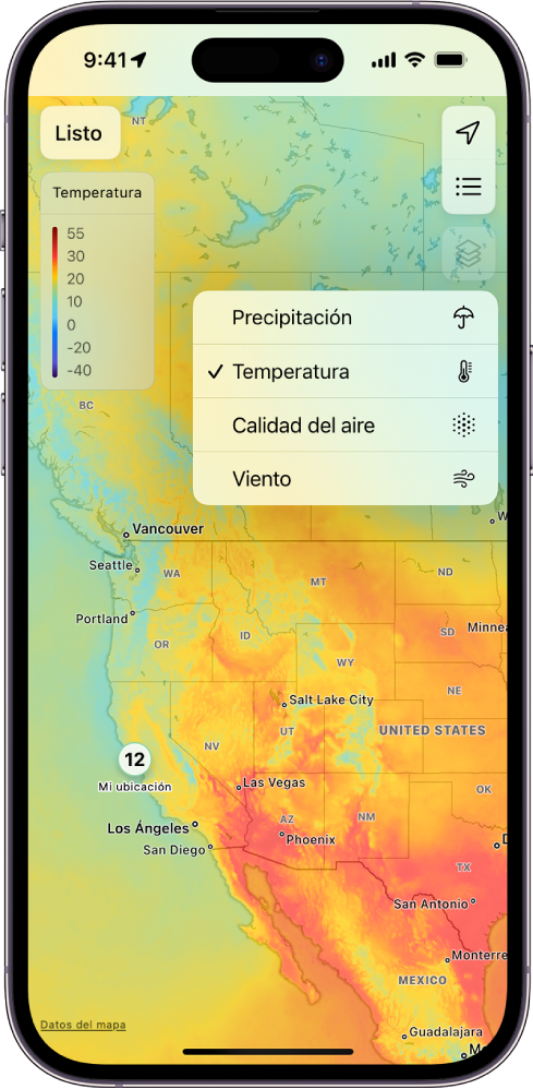 Un mapa de la temperatura del área circundante en toda la pantalla. En la esquina superior derecha, de arriba abajo, se encuentran los botones Ubicación actual, Ubicaciones favoritas y Menú sobrepuesto. Se selecciona el botón Menú sobrepuesto y se muestran los botones Precipitación, Temperatura, Calidad del aire y Viento. Se selecciona el botón Temperatura. En la esquina superior izquierda se encuentran el botón Listo y la escala de sobreposición del mapa de temperatura.