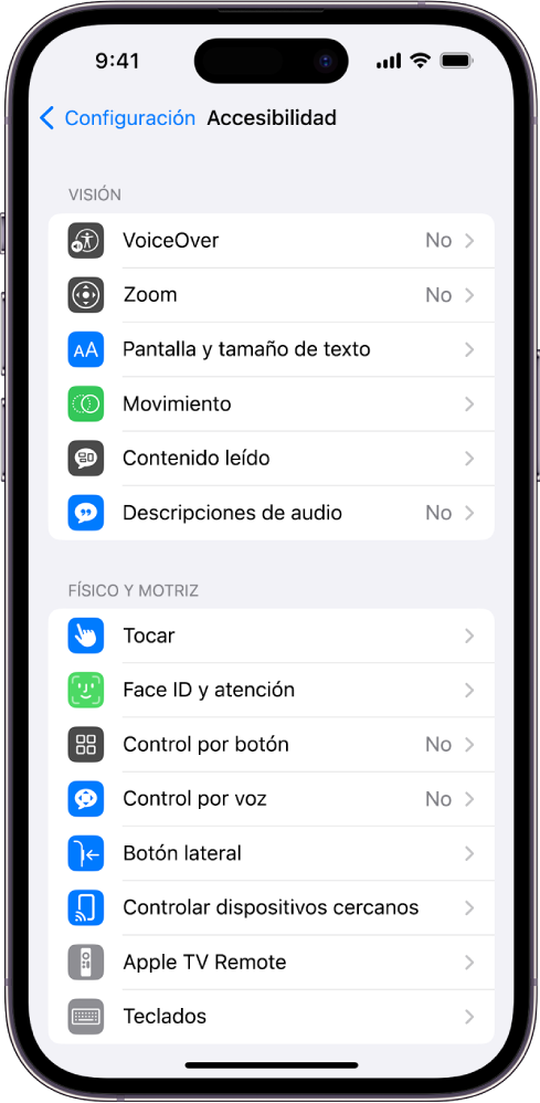 La pantalla Accesibilidad en Configuración mostrando las siguientes funciones integradas, de arriba a abajo: Funciones de visibilidad como VoiceOver, Zoom, Pantalla y tamaño de texto, Movimiento, Contenido leído, Descripciones de audio, y funciones físicas y motriz, como Tocar y Face ID y atención.