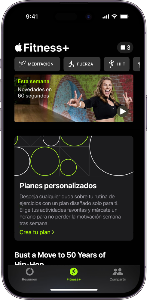 Pantalla de Apple Fitness+ con distintos tipos de entrenos disponibles y un área donde puedes crear un plan personalizado.