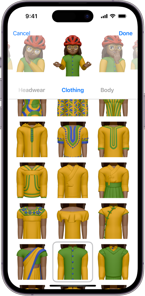 Memoji kuva, kus tegelaskuju luuakse keskel, selle all on funktsioonid tegelaskuju kohandamiseks, omakorda mille all on vastava funktsiooni valikud. Üleval paremal asub nupp Done ning üleval vasakul asub nupp Cancel.