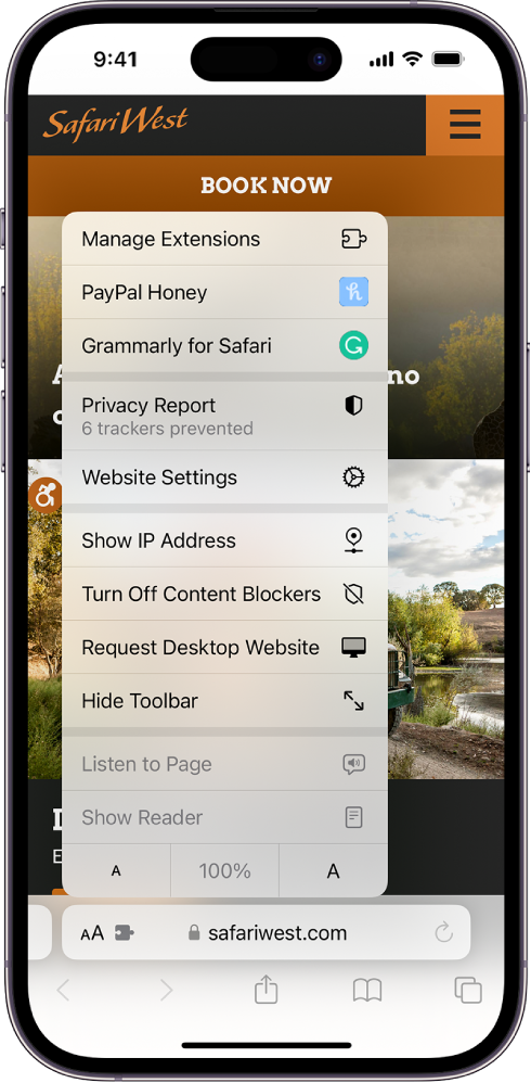 Avatud on menüü Page Settings. Üleval on valik Manage Extensions, mille järel on installitud laiendused.