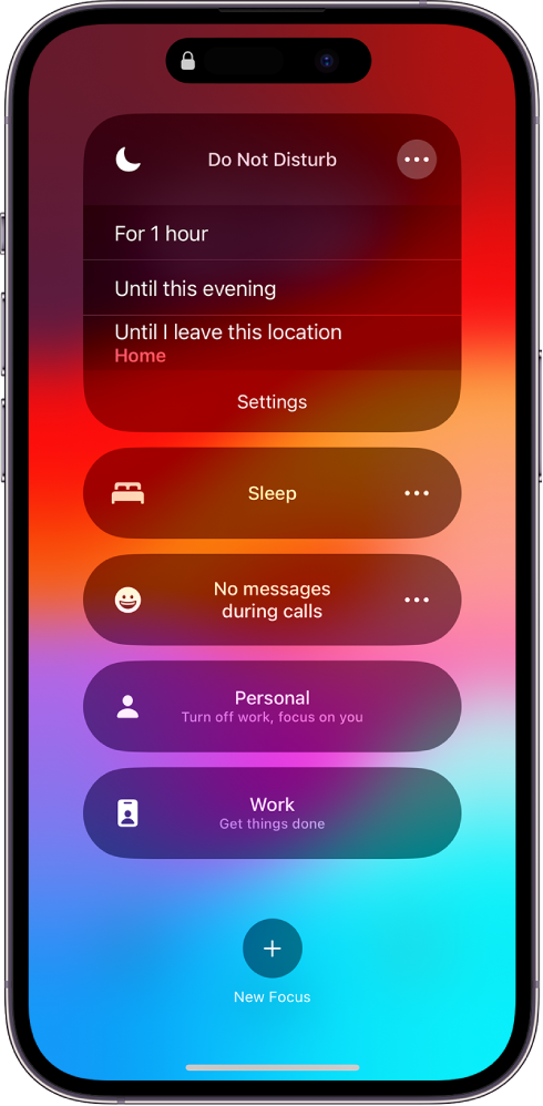 Funktsiooni Do Not Disturb sisselülitamise kestuse määramise kuva – valikuteks on “For 1 hour”, “Until this evening” ja “Until I leave this location”.