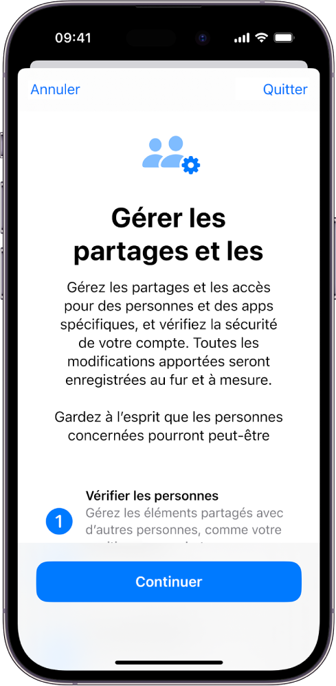 L’écran « Gérer les partages et les accès » avec des informations sur le fonctionnement de la fonctionnalité. Le bouton Continuer est situé en bas de l’écran.