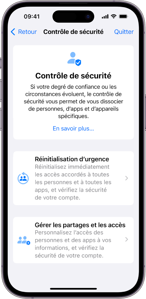 L’écran « Contrôle de sécurité » affiche des informations sur la fonctionnalité, ainsi que les boutons « Réinitialisation d’urgence » et « Gérer les partages et les accès ».