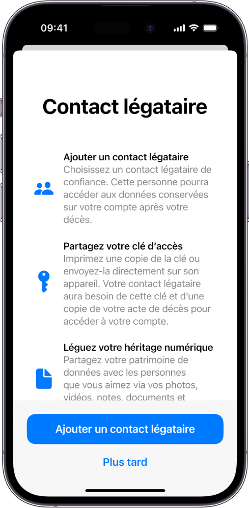 L’écran « Héritage numérique » avec des informations sur la fonctionnalité. Le bouton « Ajouter un contact légataire » se trouve en bas de l’écran.
