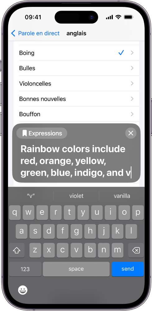 Live Speech est activé au-dessus de la sous-fenêtre des paramètres où la voix est choisie.