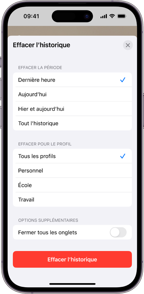 Le menu « Effacer l’historique ». Sous « Effacer la période », l’option « Dernière heure » est sélectionnée. L’option « Tous les profils » est sélectionnée sous « Effacer pour le profil ». Le bouton « Effacer l’historique » apparaît au bas de l’écran.