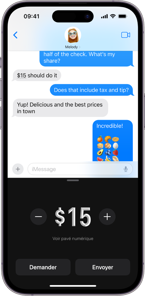 Conversation iMessage avec Apple Pay ouvert en bas de l’écran.