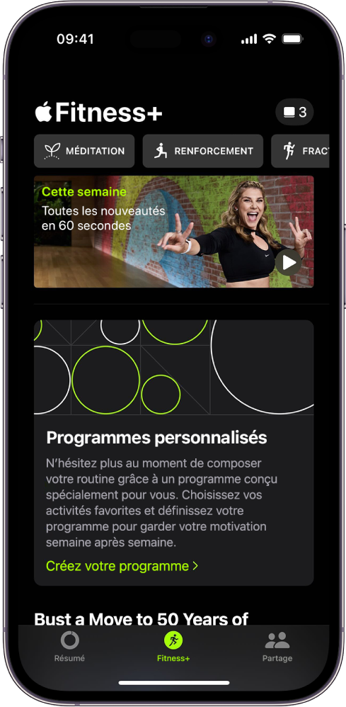 L’écran Apple Fitness+ affichant différents types d’exercices et une zone dans laquelle vous pouvez créer un programme personnalisé.