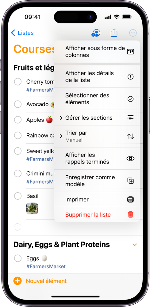 Une liste pour un séjour en camping dans Rappels. Des tags, lieux, drapeaux et photos sont joints à certains éléments. Le bouton « Nouveau rappel » se trouve en bas à gauche.