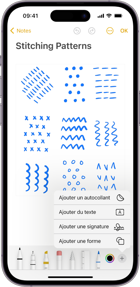 La barre d’outils d’annotation est ouverte au bas d’une note dans l’app Notes et le bouton Ajouter qui se trouve dans le coin inférieur droit de l’écran est sélectionné. Les options suivantes sont disponibles dans le menu Ajouter : Ajouter un autocollant, Ajouter du texte, Signature et Ajouter une figure.