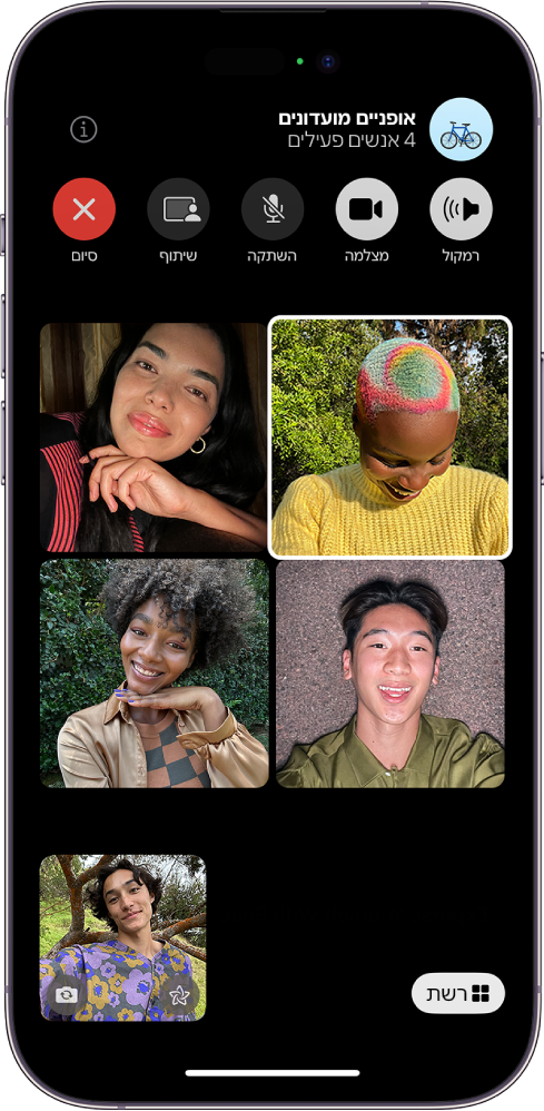 שיחת FaceTime קבוצתית עם חמישה משתתפים - כל משתתף מופיע באריח נפרד.