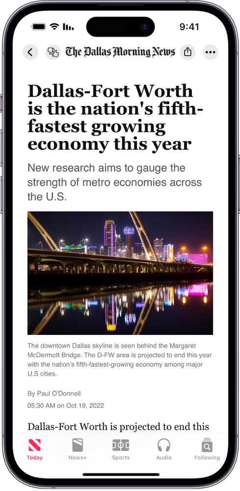 כתבת מופיעה ביישום News. בכרטיסיות שבתחתית המסך נבחר Today .