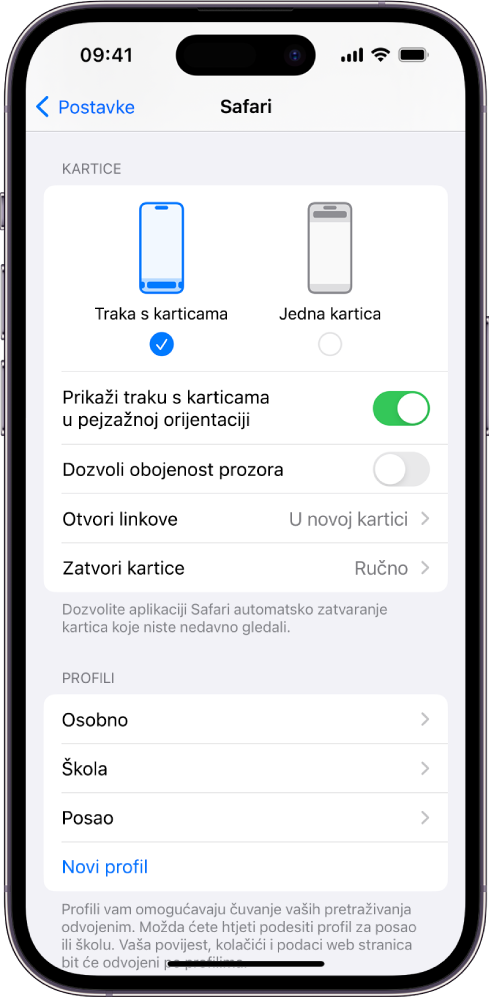 Zaslon s prikazom dvije opcije izgleda preglednika Safari: Traka s karticama i Jedna kartica.