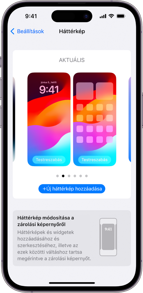 A Háttérkép-beállítások képernyő a Főképernyő és a Zárolási képernyő aktuális háttérképének testreszabására szolgáló gombokkal, valamint az Új háttérkép hozzáadása gombbal, amellyel a háttérkép lecserélhető.