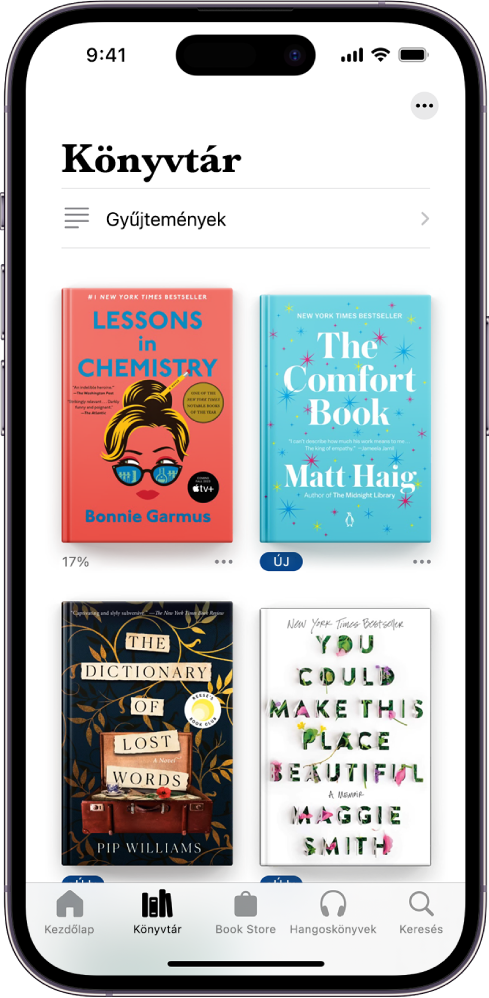 A Könyvtár képernyő a Könyvek appban. A Gyűjtemények gomb a képernyő felső részén található. A képernyő közepén a könyvek borítói jelennek meg. A képernyő alján balról jobbra haladva a következő lapok láthatók: Kezdőlap, Könyvtár, Book Store, Hangoskönyvek és Keresés. A Könyvtár lap van kiválasztva.