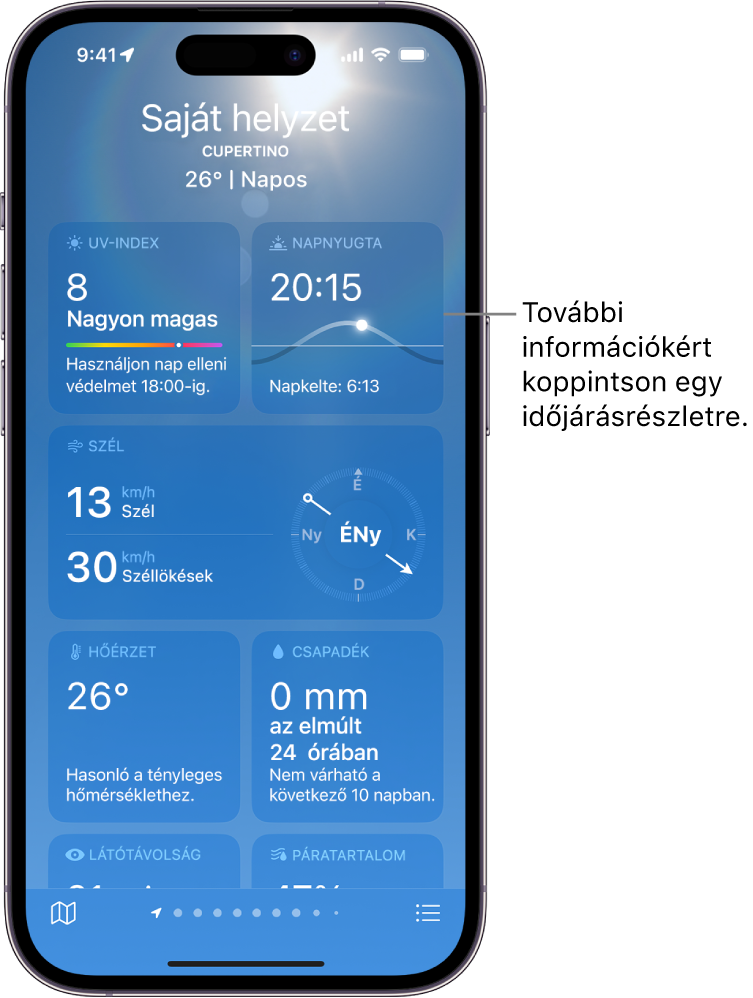 Az Időjárás képernyő, amelynek tetején a helyzet látható, ezenkívül az aktuális hőmérséklet és időjárási körülmény. A képernyő többi része időjárással kapcsolatos részleteket jelenít meg a következőkre vonatkozóan: levegőminőség, csapadék, UV-index és napnyugta.