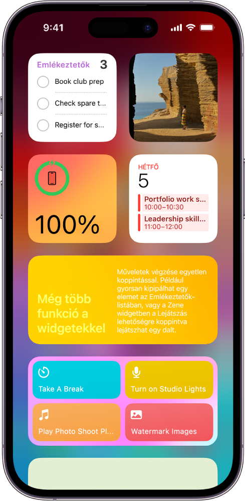 Mai nap nézetben megjelenő widgetek, többek között az Emlékeztetők, a Fotók, az Akkumulátor, a Naptár és a Tippek widget.