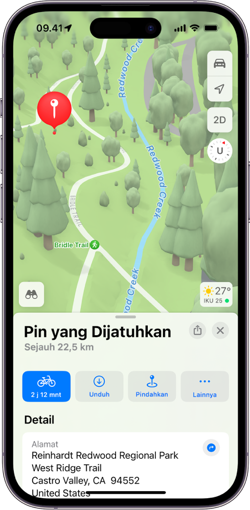 Peta menampilkan pin yang dijatuhkan di taman. Kartu meliputi tombol untuk mendapatkan petunjuk arah ke pin, mengunduh area sekitar, atau memindahkannya.