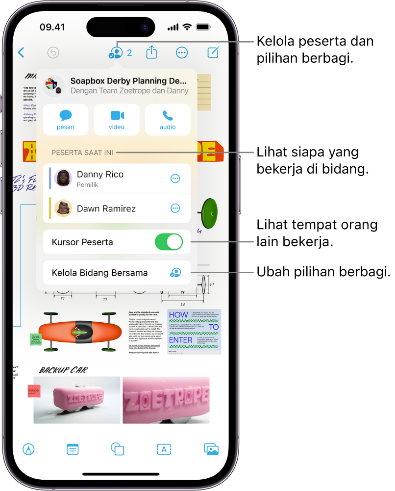 Bidang Freeform bersama di iPhone dengan menu kolaborasi buka.