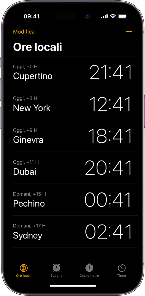 Il pannello “Ore Locali” che mostra l’ora in diverse città. Il pulsante Modifica nell’angolo in alto a sinistra ti consente di riordinare o eliminare gli orologi. Il pulsante Aggiungi nell’angolo in alto a destra ti consente di aggiungerne altri. I pulsanti “Ore locali” Sveglie, Cronometro e Timer si trovano nella parte inferiore dello schermo.