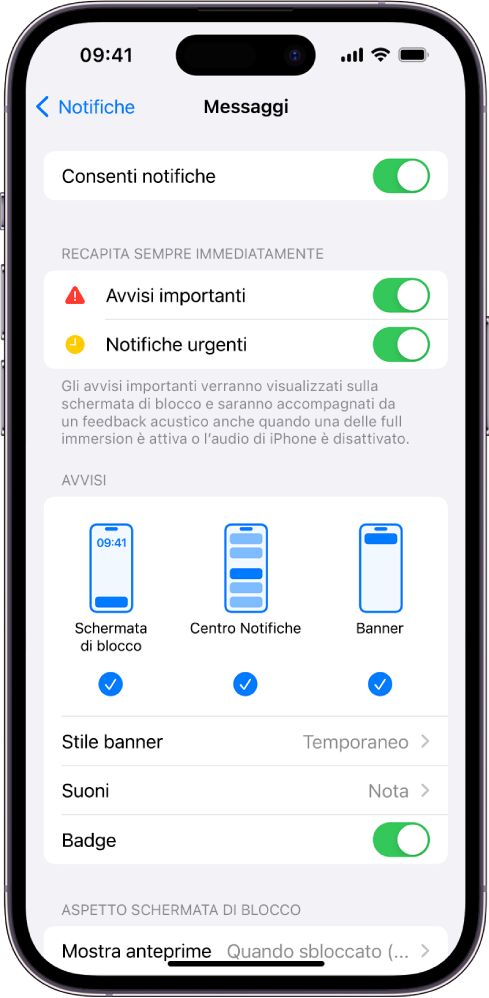 iPhone con le impostazioni di Messaggi per le notifiche e gli avvisi.