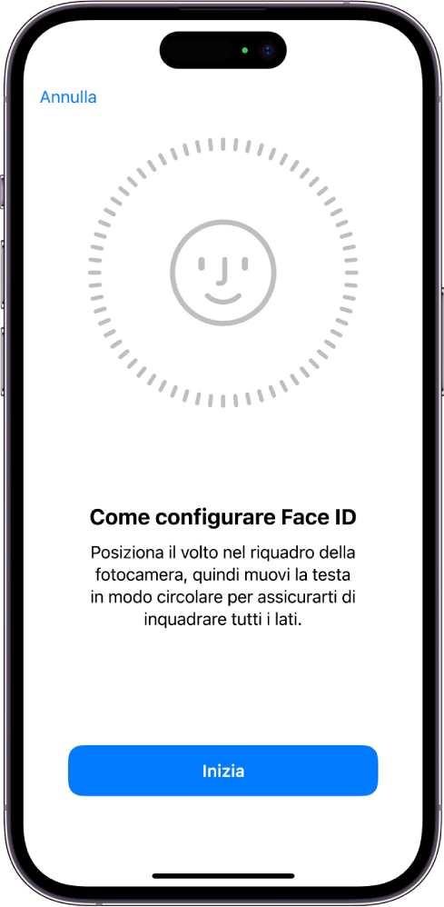 La schermata di configurazione del riconoscimento di Face ID. Sullo schermo è visibile un volto, circondato da un cerchio. Il testo sotto di esso indica all’utente di muovere la testa lentamente per completare un cerchio.