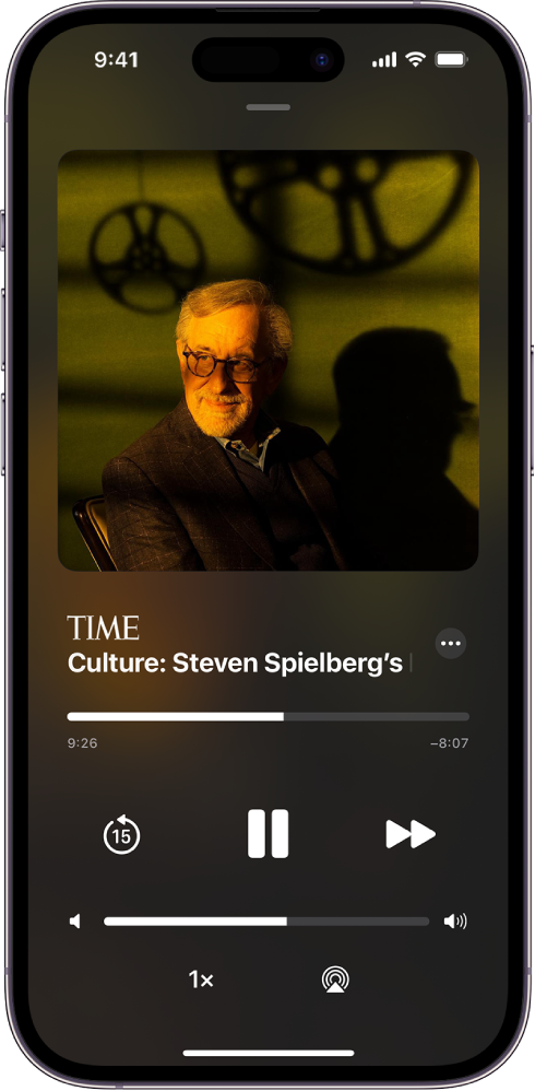 „Audio Player“ ekranas, kuriame rodoma garso istorija, o po ja – grotuvo valdikliai ir garsumo slankiklis.