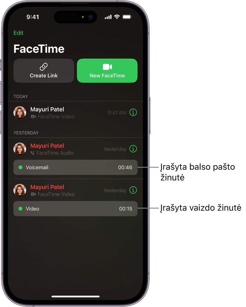 Skambučių istorija, kurioje rodomos nuorodos į įrašytą vaizdo žinutę ir balso paštą.