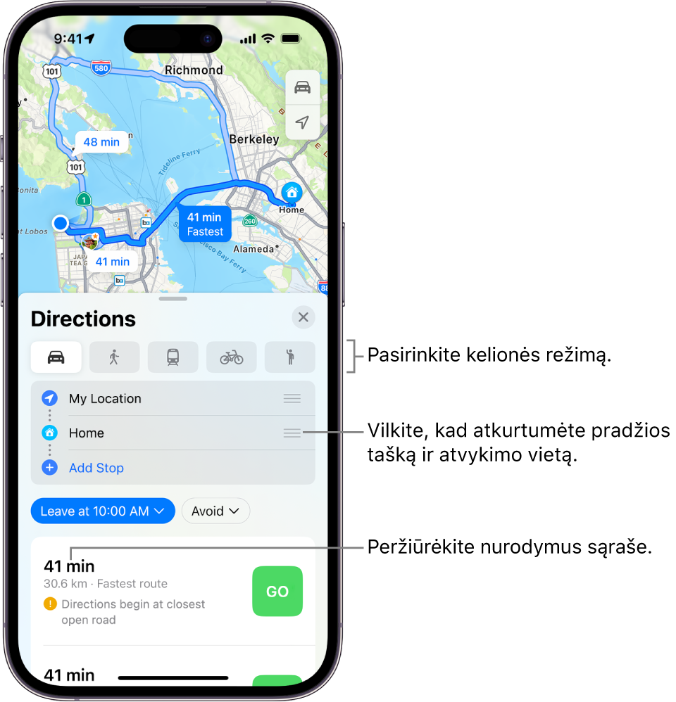 Žemėlapis, kuriame rodomi keli vairavimo maršrutai tarp dviejų vietų, su parinktimis pasirinkti kitus kelionės būdus, perjungti pradinį ir galutinį taškus ir peržiūrėti maršrutus sąraše.