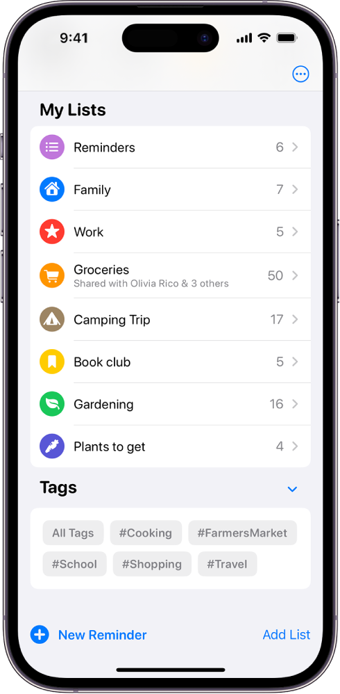 Lietotnes Reminders ekrāns, kurā redzami vairāki saraksti. Tag Browser atrodas apakšā.