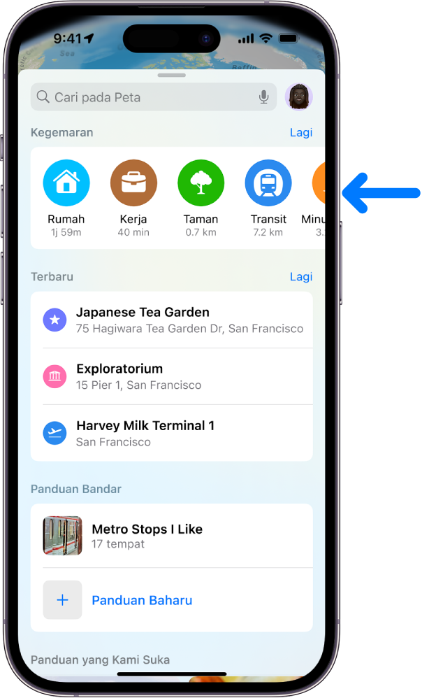 Kad carian menunjukkan beberapa kegemaran berdekatan bahagian atas.