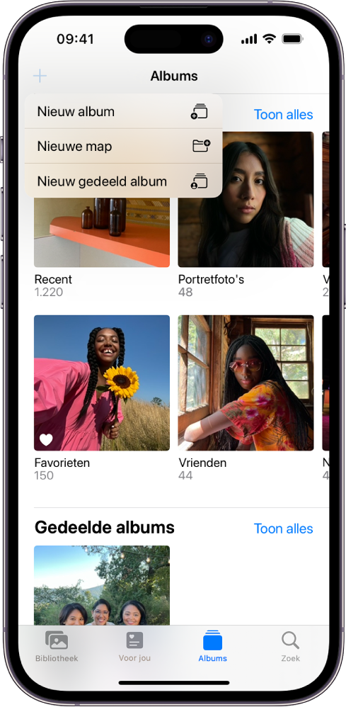 Het scherm 'Albums'. De knop 'Nieuw album' linksboven is geselecteerd en er zijn opties zichtbaar om een nieuw album, een nieuwe map of een nieuw gedeeld album toe te voegen.