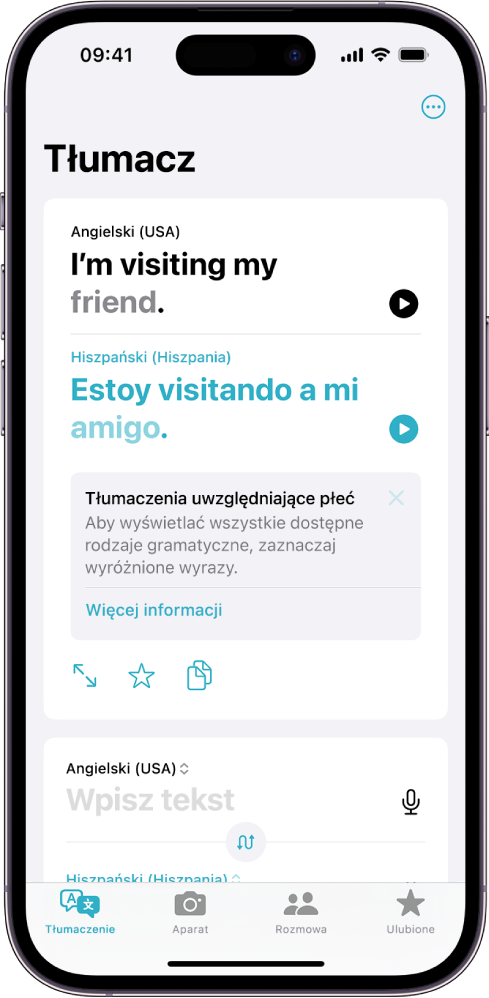 Karta Tłumaczenie, na której widoczne jest zdanie przetłumaczone z języka angielskiego na hiszpański. Wyraz z różnymi rodzajami gramatycznymi jest podkreślony kolorem szarym.