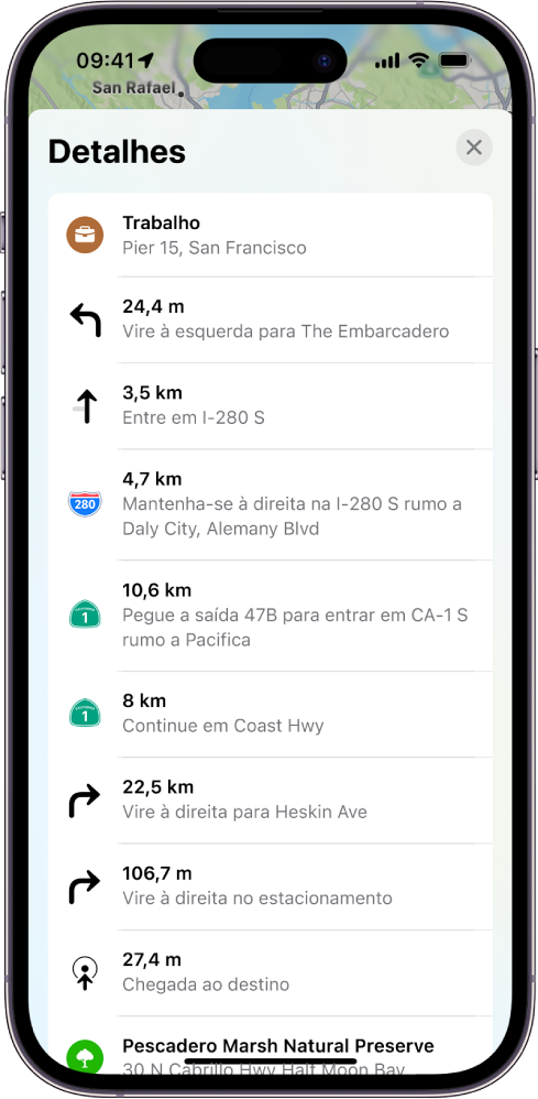 Os itinerários ponto a ponto de uma rota mostrados em uma lista.