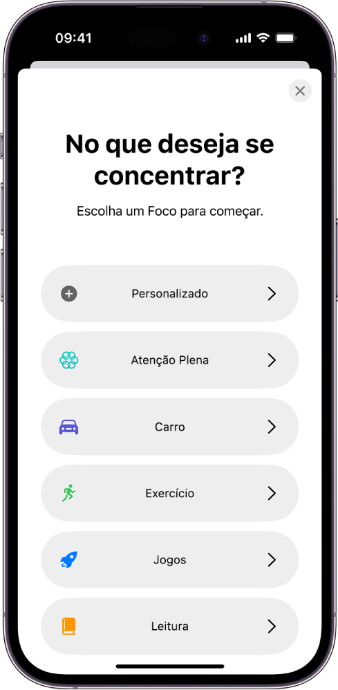 Tela de configuração de Foco para uma das opções adicionais de Foco fornecidas, incluindo Personalizado, Carro, Exercício, Jogos, Atenção Plena e Leitura.
