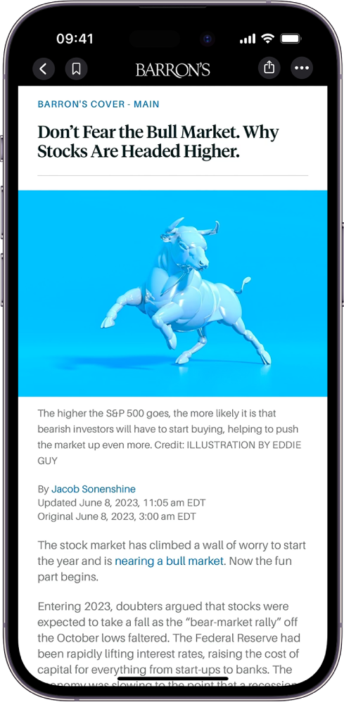 Um artigo do Apple News. Na parte superior esquerda da tela está o botão Voltar para retornar ao app Bolsa e o botão Favorito. No canto superior direito, estão os botões Tamanho do Texto e Mais Ações.