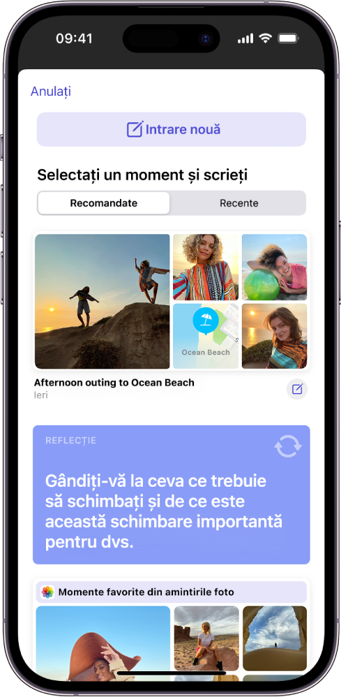 Un ecran afișând butonul Intrare nouă în partea de sus și sugestii pentru jurnal dedesubt.